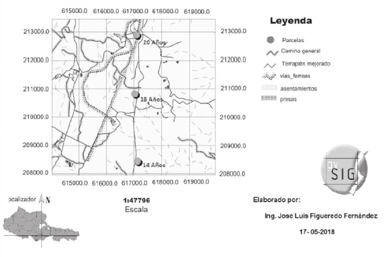 Figura 1. Ubicación de las tres parcelas estudiadas de Casuarina equisetifolia.