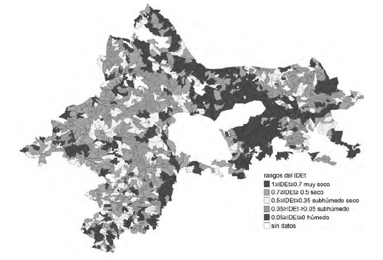 Figura 1. Distribución espacial del IDEt en el municipio de Camagüey en el período 1976-2005 (clima base).