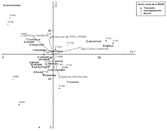 Figura 1. Análisis de correspondencia canónica entre los disturbios y la abundancia de especies en el sector oeste de la RBSR (M-Mogote, N- Nogal, CP-Cañada de Peguero, H-Hondones, BF-Brazo fuerte, P-Palomo, MC-Mira Cielo y ML-Mulo).